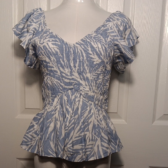 Jopna Tops - Jopna Blue & White Tropical Smocked Peplum Blouse with Ruffle Sleeves